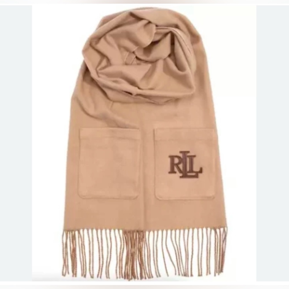 RALPH LAUREN Black Label Women's Bold Logo Pocket Cameo Scarf with Fringe NWT‍‍